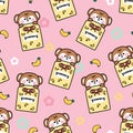 Seamless pattern of cute omamori with monkey flower background.Banana fruit.Yummy text.Omamori is japanese amulets Royalty Free Stock Photo