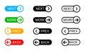 Previous and next navigation button icons with arrows for web page movement, UI controls, and user interface design elements. Royalty Free Stock Photo