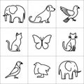 Various animals and a butterfly in simple black line drawings on a white background in a square grid Royalty Free Stock Photo