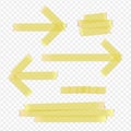 Vector set of yellow adhesive paper tape arrows and space text elements. Royalty Free Stock Photo