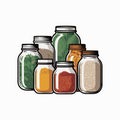 Assortment of Glass Jars Filled With Various Foods And Ingredients preserve. Royalty Free Stock Photo