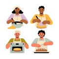 Four people baking and preparing baked goods in a flat illustration style cooking food. Royalty Free Stock Photo
