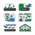 Six flat design icons depicting plant growth and technology agriculture. Royalty Free Stock Photo