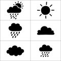 Weather icons showing sun cloud and rain in a grid format on a white background simple black and white Royalty Free Stock Photo