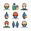 Icons depicting face masks hand sanitizer and social distancing protection health. Royalty Free Stock Photo