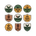 Nine organic and natural product labels with plant and wheat icons badge stamp. Royalty Free Stock Photo