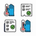 Four icons showing thermometer blue glove and checklist with checkmarks vector. Royalty Free Stock Photo