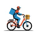 Man riding bicycle with blue delivery bag and yellow package bike. Royalty Free Stock Photo