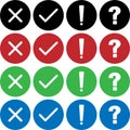 Cross, Check Mark, Exclamation, and Question Mark Circle Icons Collection Royalty Free Stock Photo