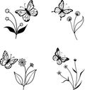 Butterfly hovering over wildflower silhouette illustration Royalty Free Stock Photo