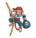 Cartoon Pirate Monkey Climbing a Rope and Holding a Treasure Bag Royalty Free Stock Photo