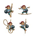 Set of Four Illustrations Showing a Baby Pirate Monkey with a Rope Royalty Free Stock Photo