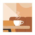 White coffee cup with steam on wooden table in warm tones vector. Royalty Free Stock Photo