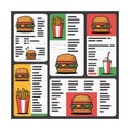 Flat design fast food menu with burgers fries and drink hamburger french. Royalty Free Stock Photo