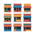 Nine colorful cartoon storefronts with awnings and windows shop building. Royalty Free Stock Photo