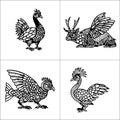 Patterned Fowl Illustrations: Rooster, Chicken, Duck, Goose Royalty Free Stock Photo