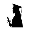 Female graduate student silhouette with mortarboard and diploma, representing academic achievement and future success. Royalty Free Stock Photo