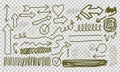 A collection of hand-drawn symbols on a transparent background. Includes arrows in various styles and directions Royalty Free Stock Photo