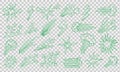 Collection of green comic-style explosions, lightning bolts and starbursts arranged on a transparent checkered background. Royalty Free Stock Photo