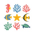 Cartoon seahorse fish starfish coral and turtle illustrations vector. Royalty Free Stock Photo