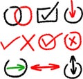 Hand-Drawn Sketch Icon Set: Check Marks, Crosses, Arrows, and Circles Royalty Free Stock Photo