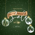 Merry Christmas sale promotion poster banner with product display and festive decoration light background. Royalty Free Stock Photo