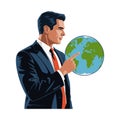 Man in dark suit points to globe showing Europe and Africa earth pointing. Royalty Free Stock Photo