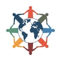 Diverse people holding hands around a blue planet earth graphic globe world. Royalty Free Stock Photo