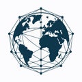 Dark blue globe with network lines and nodes on white background earth world. Royalty Free Stock Photo