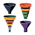 Four colorful funnels in different sizes and stages of reduction process data. Royalty Free Stock Photo