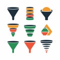 Collection of nine funnel icons in dark blue orange and green data. Royalty Free Stock Photo