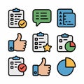 Collection of flat design icons for checklists thumbs up chat and pie charts clipboard task. Royalty Free Stock Photo