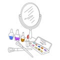 Makeup vanity line art illustration with mirror, lipstick, brushes, nail polish and eyeshadow palette. Royalty Free Stock Photo
