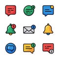 Nine colorful notification icons including speech bubbles bells and envelope message. Royalty Free Stock Photo
