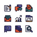 Nine colorful flat icons for document analysis communication and media paper pencil. Royalty Free Stock Photo