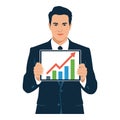Man in dark suit holding tablet displaying upward trending bar chart and arrow vector. Royalty Free Stock Photo