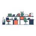 Two office cubicles with laptops chairs and plants desk. Royalty Free Stock Photo
