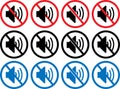 Muted speaker and no sound prohibition icons arranged in rows Royalty Free Stock Photo
