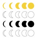Moon, different lunar phases, vector line illustration, silhouette, isolated on a white Royalty Free Stock Photo