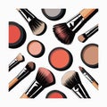 Assorted makeup brushes and powder compacts in a scattered arrangement cosmetic. Royalty Free Stock Photo