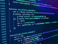 Web abstract programming and created virus on laptop screen. Mobile app building. Software developer programming code. Real Html Royalty Free Stock Photo