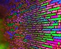 Web abstract programming and created virus on laptop screen. Modern tech. Abstract computer script  code. Vignette light and dark Royalty Free Stock Photo
