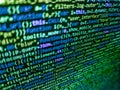 Web abstract programming and created virus on laptop screen. Modern tech. Simple website HTML code with colourful tags in browser Royalty Free Stock Photo