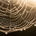 Web adorned with dewdrops is showcased against a softly illuminated Royalty Free Stock Photo