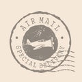 Air mail Stamp Postal. Silhouette of aircraft rubber Seal. Design Retro Travel. Seal of Air mail Special delivery grunge Royalty Free Stock Photo