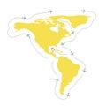 Airplanes fly over the map of America in grey and yellow. Planes routes shape the world air global logistics concept. Line art ve