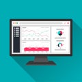 Web analytic information on Computer screen flat icon. trend graphs report concept. statistic charts for planning and accounting,