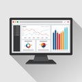 Web analytic information on Computer screen flat icon. trend graphs report concept. statistic charts for planning and accounting,