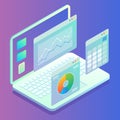 Web analytics concept. Laptop computer with charts, graphs on screen. Website statistics, vector isometric illustration.