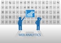Web analytics illustration with two data analysts. Online data analysis of social media data, mobile data, location data